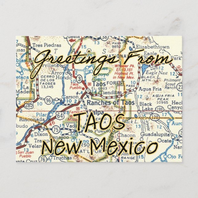 Taos New Mexico Vintage Map Postcard (Front)
