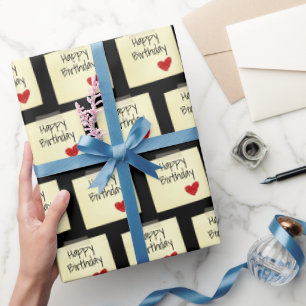 Taped Post It Note With Red Birthday Heart Wrapping Paper