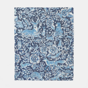 Tapestry Indigo Blue White Woodland Animal Floral Fleece Blanket