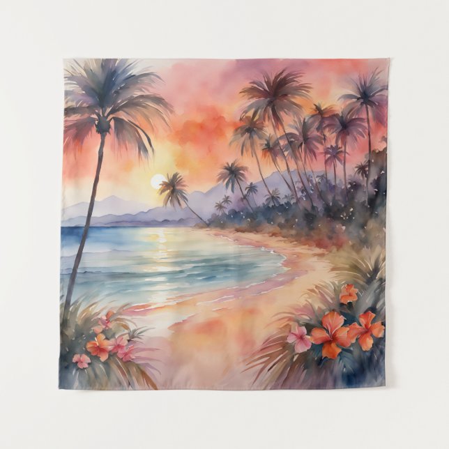 Tapestry Orange Pink Sunset Tropical Beach Palms (Front)