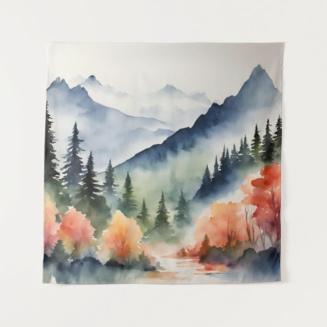 Tapestry Watercolor Mountains Trees Fall Nature (Front)