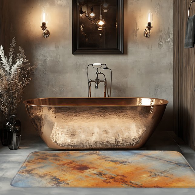 Tapis De Bain Abstrait industriel Terra Cotta Blue Grey (Abstract industrial design bath mat in blue grey with terra cotta colors.)