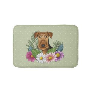 Tapis De Bain Airedale Terrier Chien Et Fleurs Colorées Vert