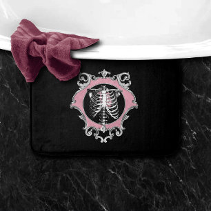 Tapis De Bain Amour gothique Squelette rose et noir Coeur flor