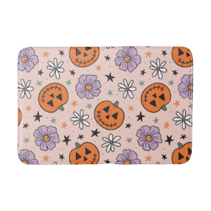 Tapis De Bain Amusants Citrouilles d'Halloween et Fleurs Motif