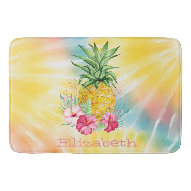Tapis De Bain Ananas, Hibiscus aquarelle Rainbow Tie Dye (Devant)