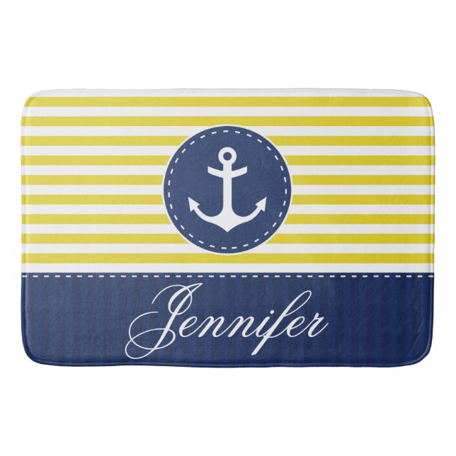 Tapis De Bain Ancre bleue jaune nautique moderne personnalisée (Devant)
