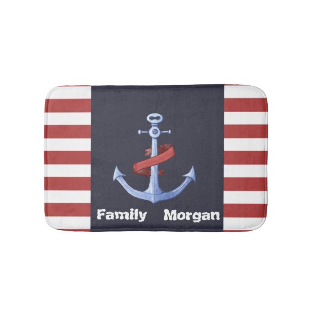 Tapis De Bain Ancre marine Bleu, Bain à rayures rouges (Devant)