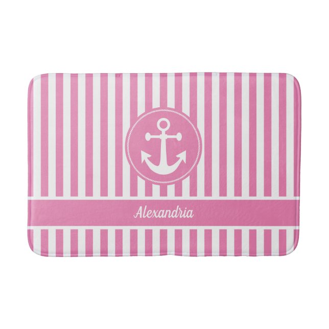 Tapis De Bain Ancre nautique avec corde rose et blanc (Devant)