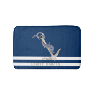 Tapis De Bain Ancre nautique dauphin rayures bleu marine marin