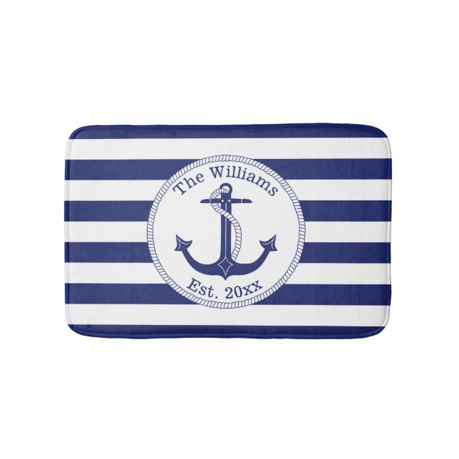 Tapis De Bain Ancre nautique Marine Blue Stripes Nom de famille (Devant)