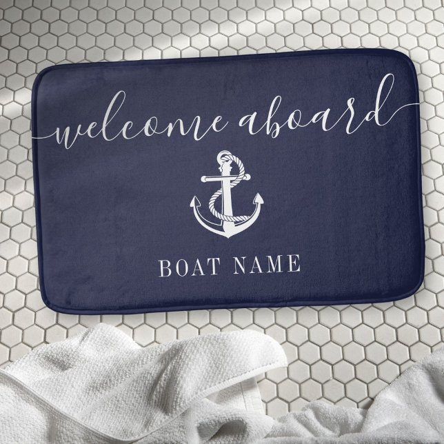 Tapis De Bain Ancre nautique Nom du bateau Marine Blue Welcome A (Nautical Anchor Boat Name Navy Blue Welcome Aboard Bath Mat)