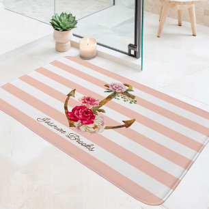 Tapis De Bain Ancre rose florale Bandes marines Nom personnalisé