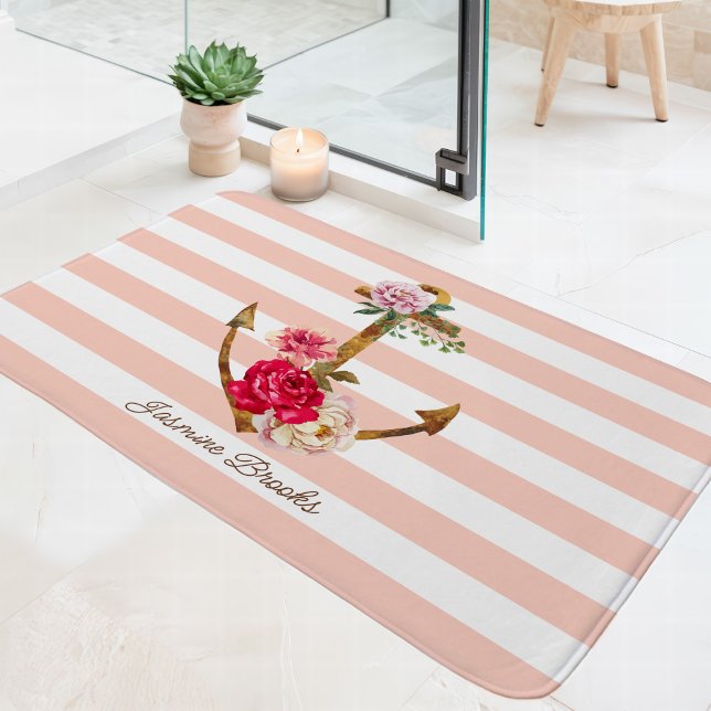 Tapis De Bain Ancre rose florale Bandes marines Nom personnalisé (Créateur téléchargé)