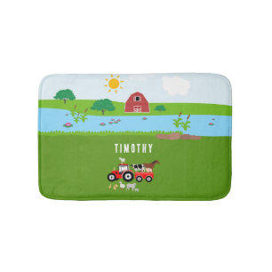 Tapis De Bain Animaux de ferme et tracteur rouge Barnyard Nom pe