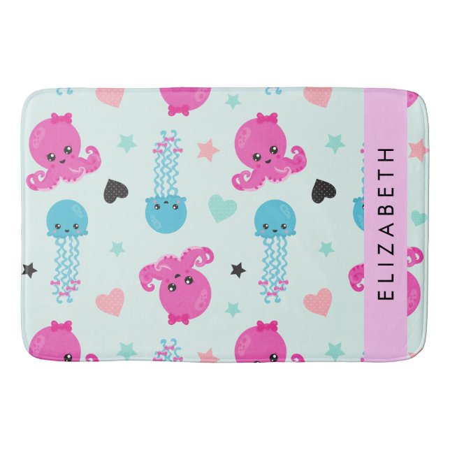 Tapis De Bain Animaux de mer, poulpe, méduse, Coeurs, Votre nom (Devant)