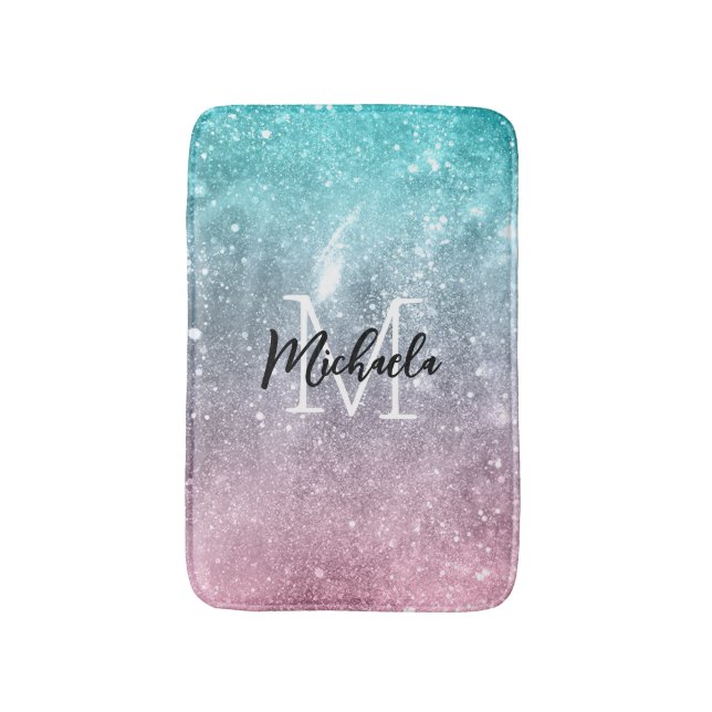 Tapis De Bain Aqua blue Pink ombre mer galaxie abstraite Monogra (Devant (Vertical))