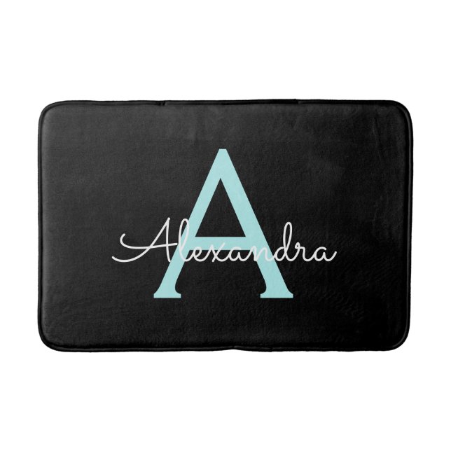 Tapis De Bain Aqua Teal Blue Script Girly Monogram (Devant)