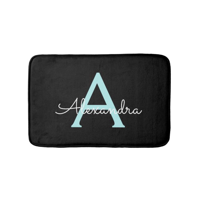 Tapis De Bain Aqua Teal Blue Script Girly Monogram (Devant)