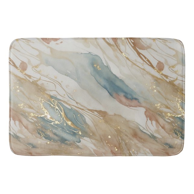 Tapis De Bain Aquarelle beige et bleu Marbre Abstrait (Devant)