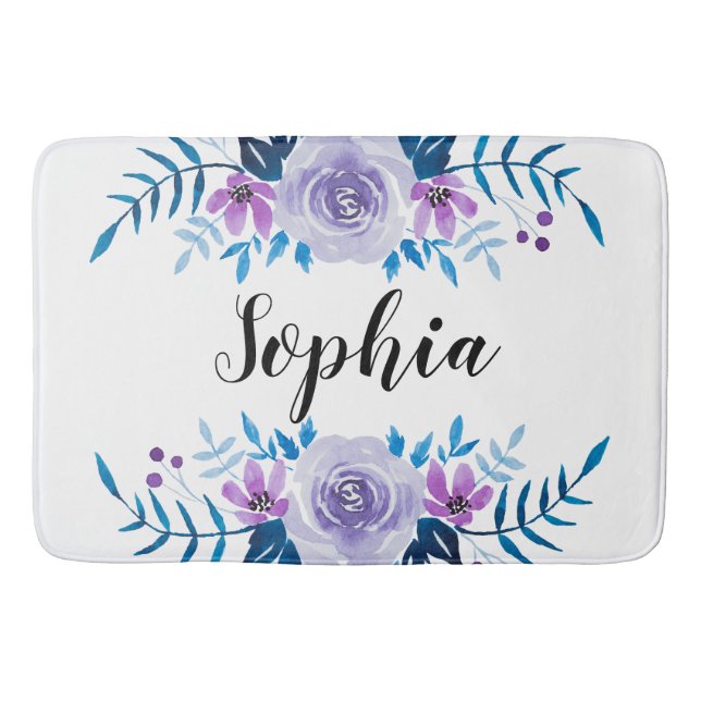 Tapis De Bain Aquarelle bleu violet couronne florale Texte perso (Devant)