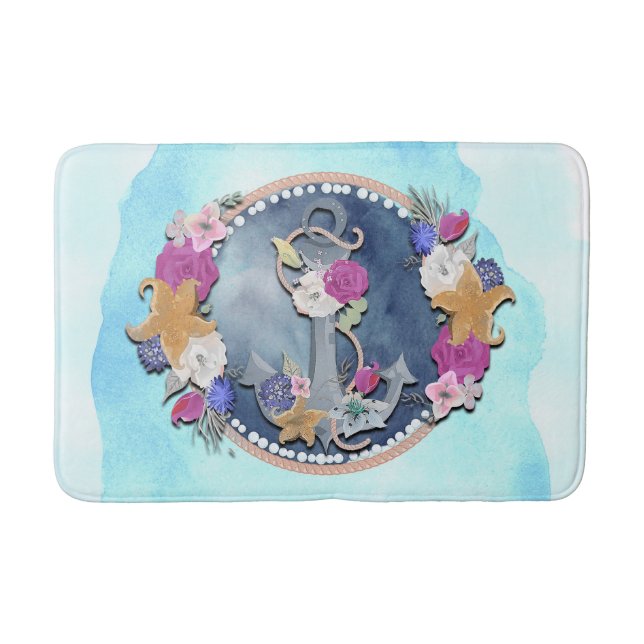 Tapis De Bain Aquarelle bleue Ancre florale marine moderne (Devant)