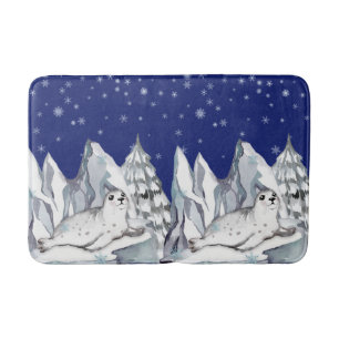 Tapis De Bain Aquarelle Bleue Cute Pin Arbres Snowflakes
