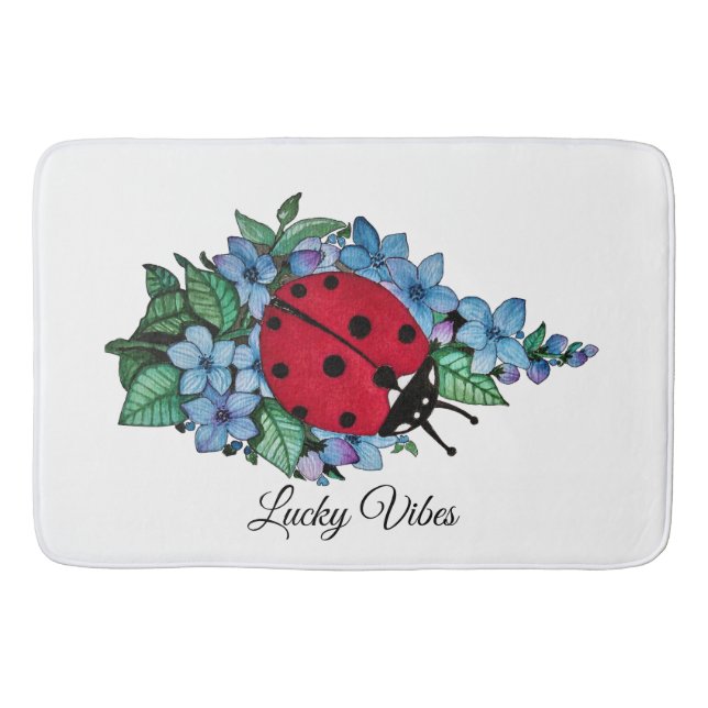 Tapis De Bain Aquarelle Cute Ladybird Avec Fleurs Bleues Sauvage (Devant)