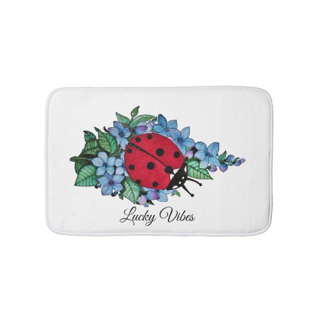 Tapis De Bain Aquarelle Cute Ladybird Avec Fleurs Bleues Sauvage (Devant)