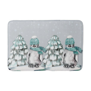 Tapis De Bain Aquarelle Cute Pingouin Noël Pine Arbre