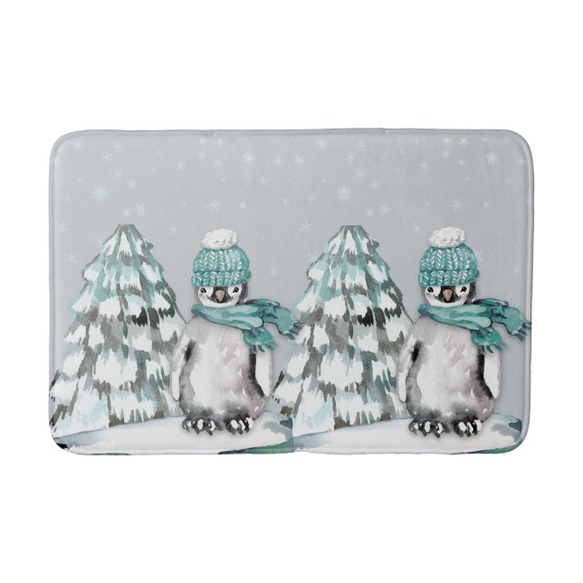 Tapis De Bain Aquarelle Cute Pingouin Noël Pine Arbre (Devant)