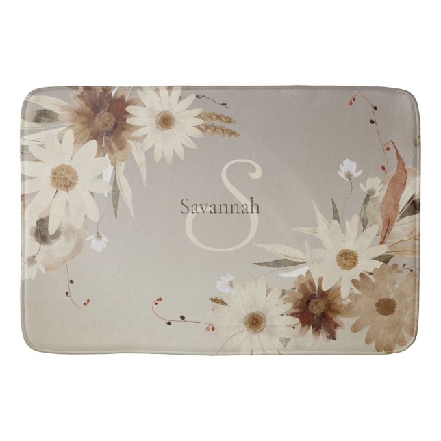Tapis De Bain Aquarelle d'automne Monogramme floral Personnalisé (Devant)