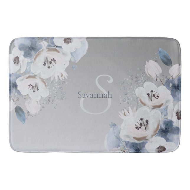 Tapis De Bain Aquarelle d'hiver Monogramme floral personnalisé (Devant)
