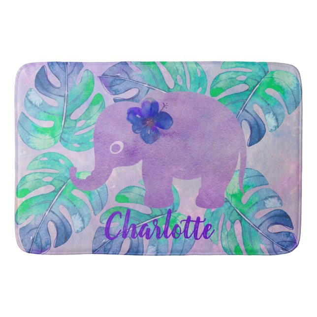 Tapis De Bain Aquarelle Elephant Jungle Tropical Monstera Feuill (Devant)