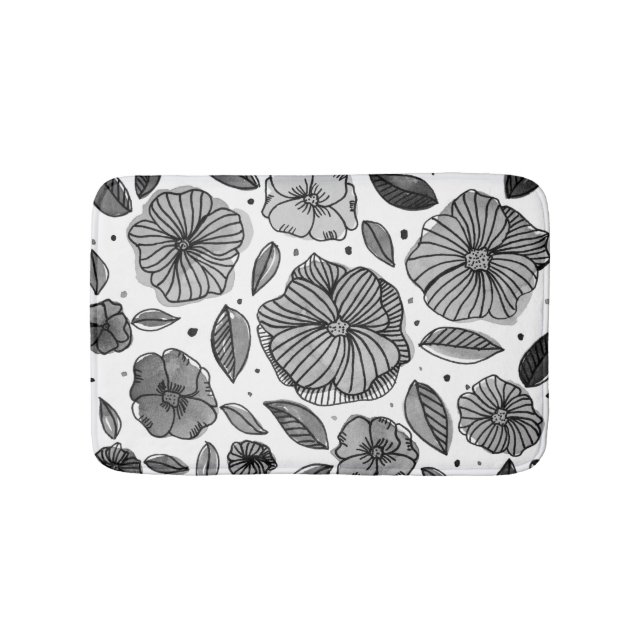 Tapis De Bain Aquarelle et fleurs d'encre - noir et blanc (Devant)