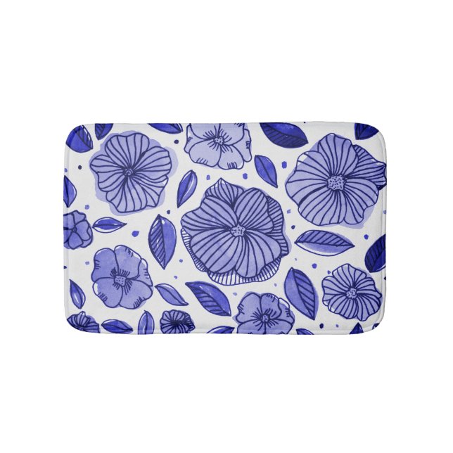 Tapis De Bain Aquarelle et fleurs d'encre - palette bleue (Devant)
