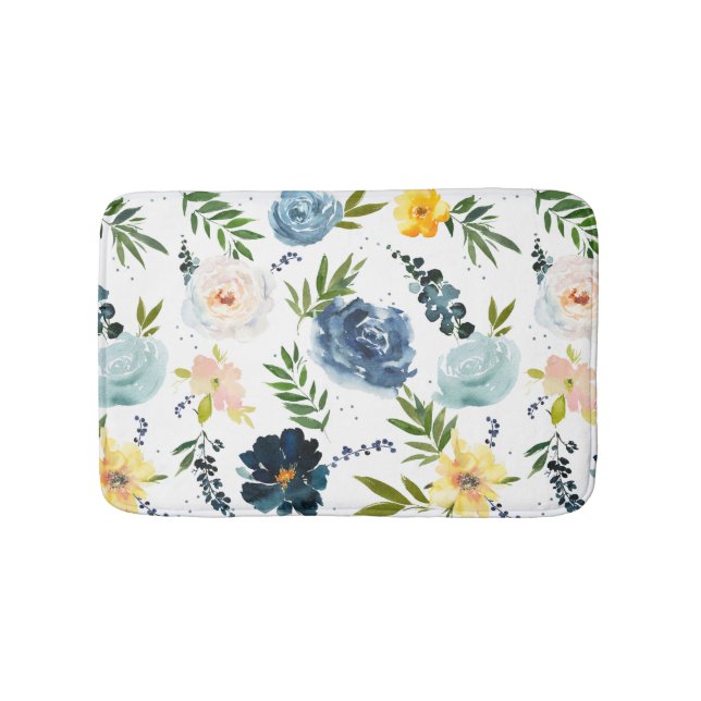 Tapis De Bain Aquarelle Fleur Jardin extérieur Roses Bleu Jaune (Devant)