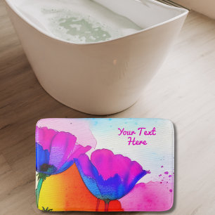 Tapis De Bain Aquarelle Floral Californie Pavot rose bleu