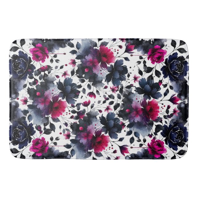 Tapis De Bain Aquarelle florale magenta rose et bleu épais (Devant)