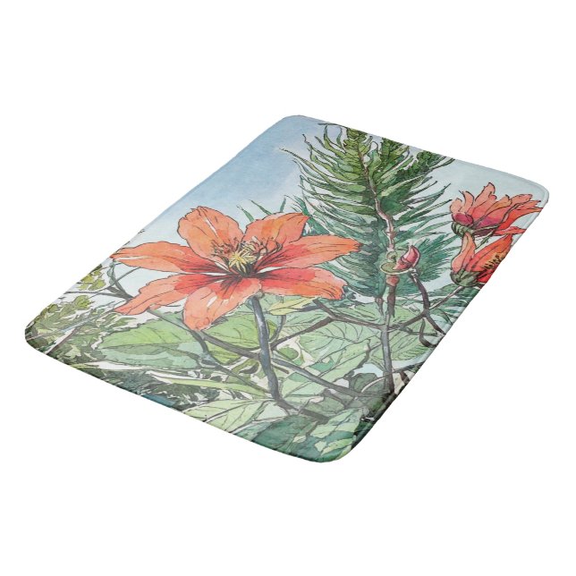 Tapis De Bain Aquarelle illustrée Botanique Orange Floral (Angle)