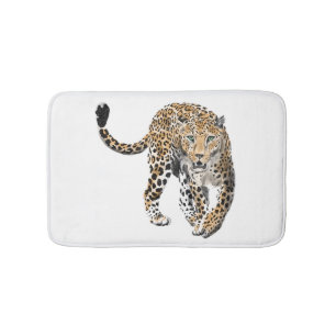 Tapis De Bain aquarelle léopard jungle chat animal peint vert