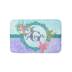 Tapis De Bain Aquarelle mignonne sirène Turquoise et violet