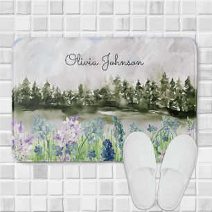 Tapis De Bain Aquarelle monochrome bleu violet prairie