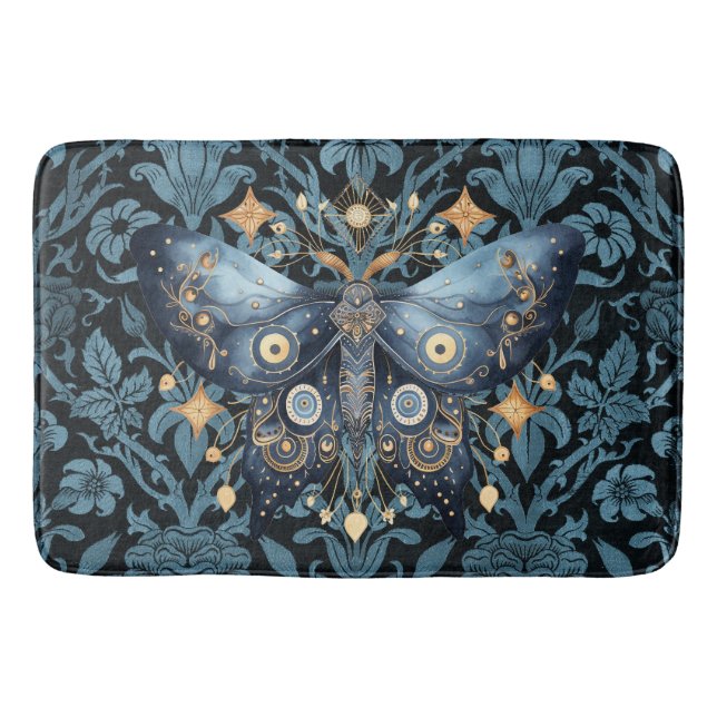 Tapis De Bain Aquarelle mystique Bleu et doré Night Moth (Devant)