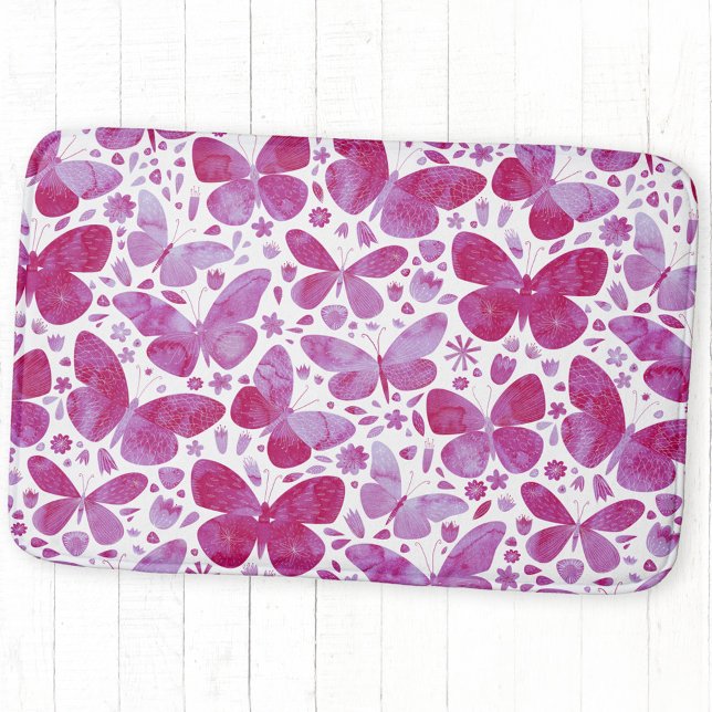Tapis De Bain Aquarelle papillon rose (Magenta pink watercolor butterfly bath mat)