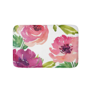 Tapis De Bain Aquarelle Rose Floral en rose et violet