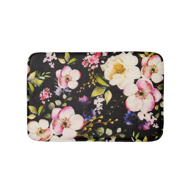 Tapis De Bain Aquarelle rose Roses Jaunes Arrière - plan noir (Devant)