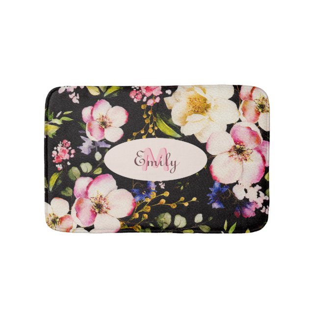 Tapis De Bain Aquarelle rose Roses jaunes sur noir, Monogramme (Devant)
