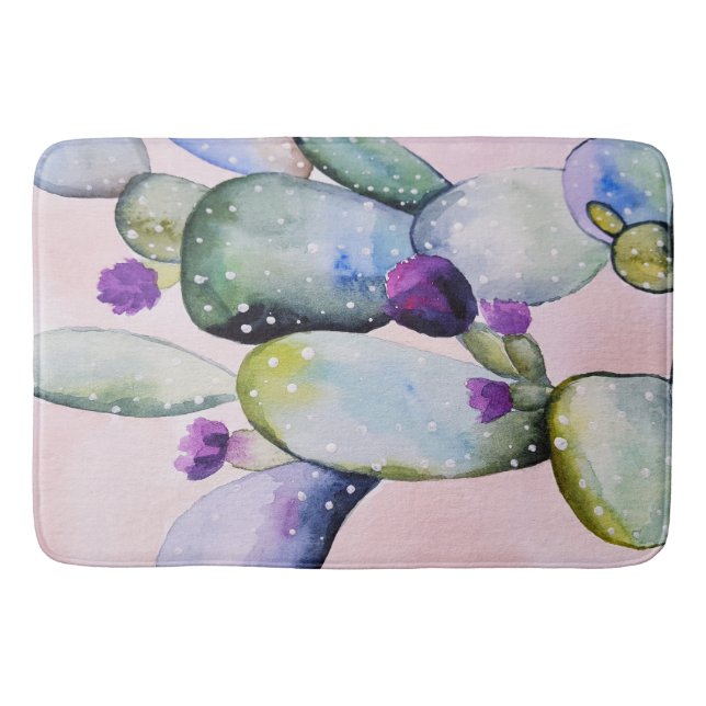 Tapis De Bain Aquarelle tendance Cactus & Purple Cactus Blossoms (Devant)