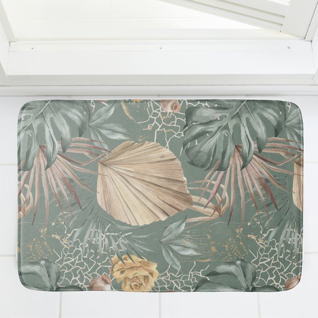 Tapis De Bain Aquarelle Tropicale Gold & Green Feuille Motif (Créateur téléchargé)